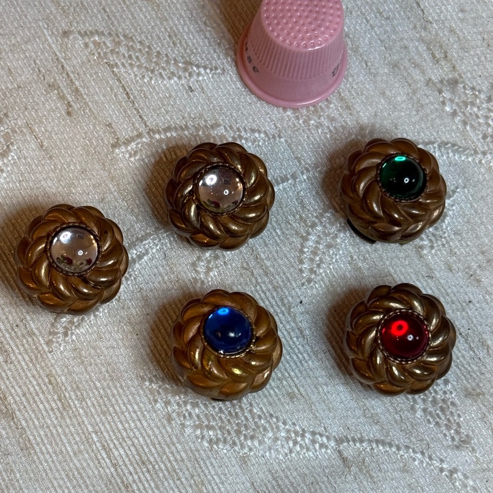 Set 5 Vintage Gold Tone‎ Rope Edge Button Covers Multi Color Glass Cabochon